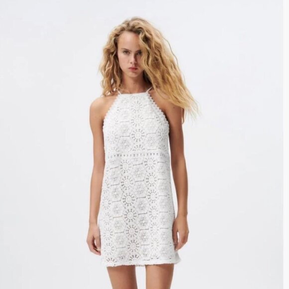 NEW Zara Cotton Crochet Lace Mini dress, Oyster Colour, Size M - Picture 8 of 16